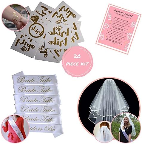 Bachelorette Cascade Bridal Wedding Veil With Comb, 6 Bridal to Be Satin Sashes, 12 Bride Tribe Tattoo’s, and 1 Party Game. 20 pack Bachelorette Party Decorations Supplies