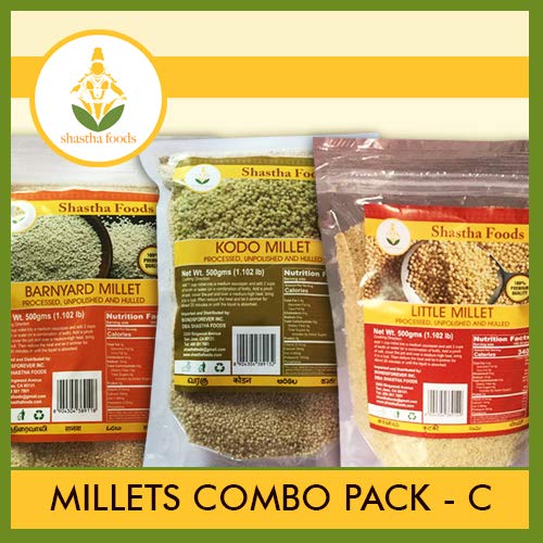 Shastha Millets Combo Pack C (Contains 3 Items) Little Millet, Kodo Millet & Barnyard Millet (Each Pkt 500g) B-P