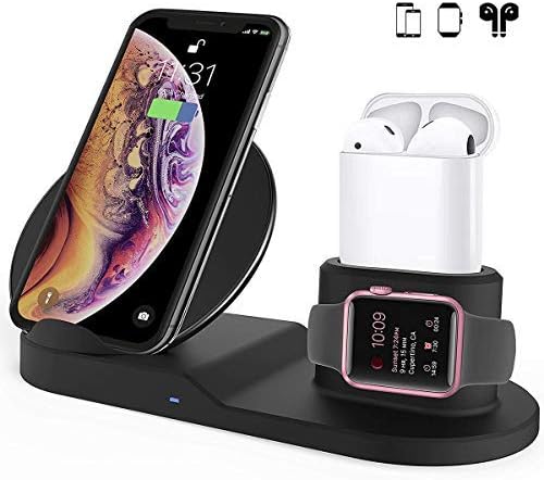 Fast Wireless Charger Stand 10W for Watch 4 and Airpods,3 in 1 Qi Charging Station Dock with QC3.0 Adapter,for Qi-Enabled Phone X/XS MAX/XR/X/8/8 Plus for Samsung Galaxy S9 +/S8 +/S7/Note 8(Black)