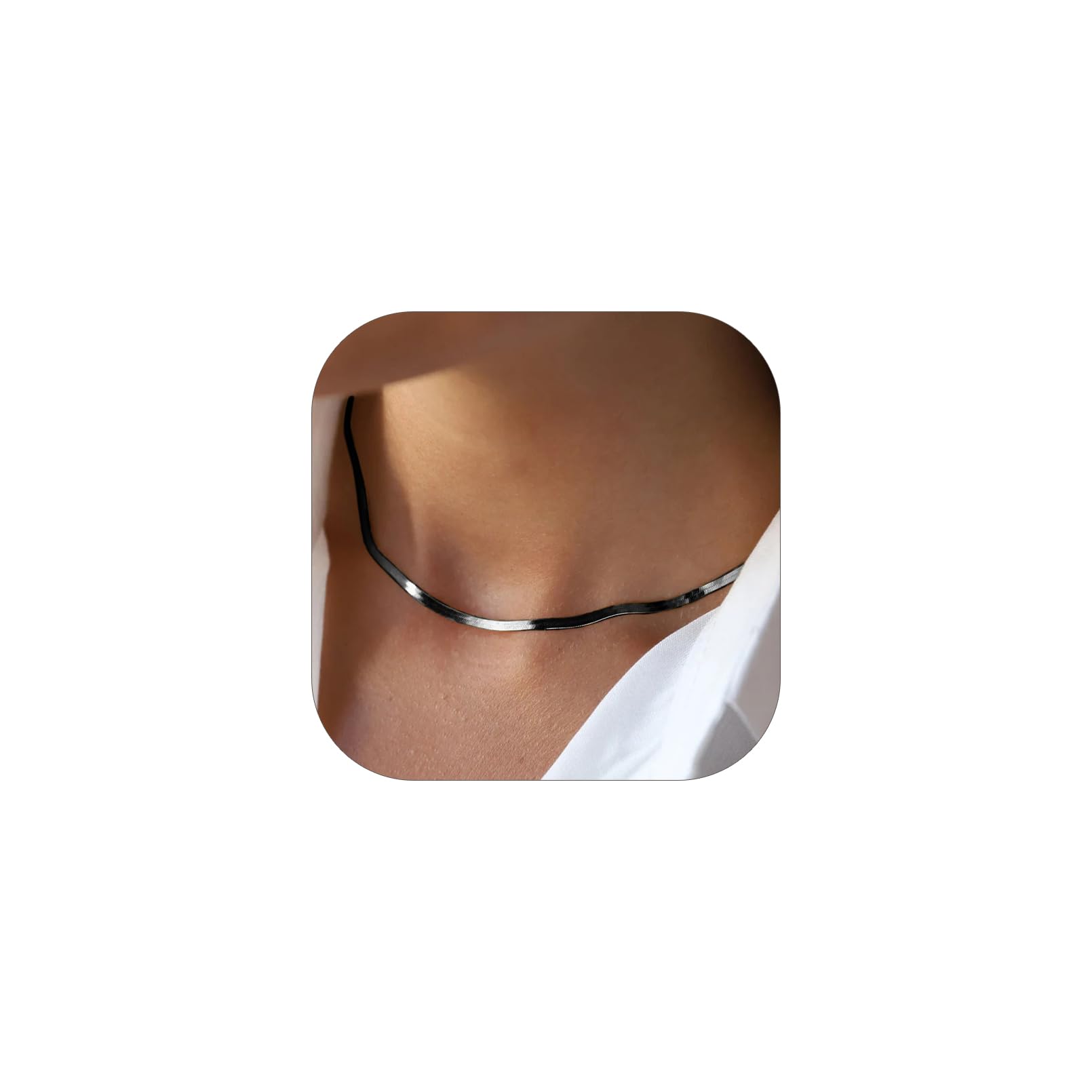 FOCALOOK Black Chain Necklace 3mm 15inches Flat Snake Chain for Women Adjustable Stainless Steel Herringbone Necklace