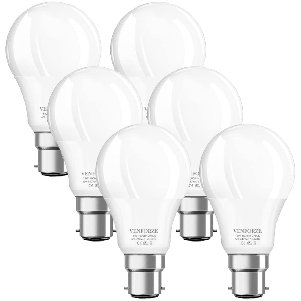Venforze Bayonet Light Bulbs 150 Watt Equivalent, 15W A60 B22 LED Bulbs Super Bright 1600LM, Warm White 2700K, BC Energy Saving Light Bulbs, Non-dimmable, 6P