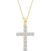 Cross Pendant Necklace for Women Round Lab Created Moissanite or Lab Grown Diamond Religious Cross Necklace With 18" Chain in 14k Gold Plated 925 Sterling Silver Jewelry Gift For Her