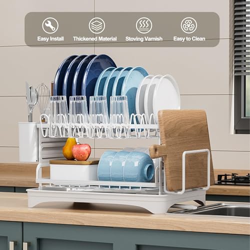 ZERIFAM Dish Drying Rack - 2 Tier Dish Drying Stand, Kitchen Countertop Storage Racks, With Chopstick Bucket, Cutting Board Rack, Knife Rack And Cup Holder. (White)