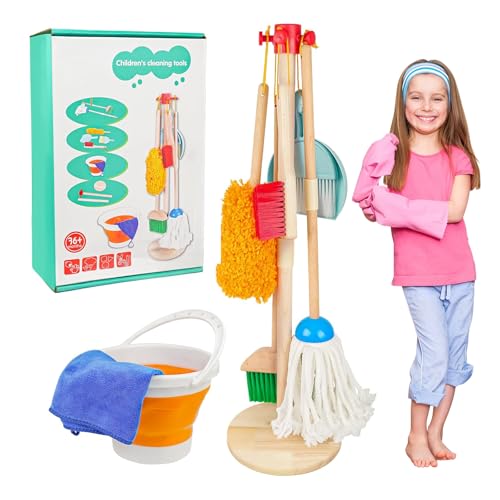 WEAGP Juego de Limpieza para Niños, 6 Piezas Set de Limpieza para Niñas Desmontables con Fregona Cepillo Escoba Recogedor Balde y Soporte Organizador, Regalo Juguetes de rol para Niñas Niños
