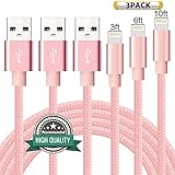 Youer Lightning Cable 3Pack 3FT 6FT 10FT Nylon Braided Certified iPhone Cable USB Cord Charging Charger for Apple iPhone X, 8, 7, 7 Plus, 6, 6s, 6+, 5, 5c, 5s, SE, iPad, iPod Nano, iPod Touch (Pink)