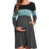 Bearsland Women’s Long Sleeve Maternity Dresses Patchwork Pregnancy Dress with Pocket