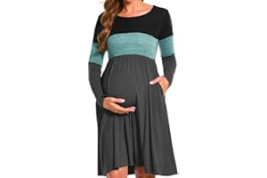 Bearsland Women’s Long Sleeve Maternity Dresses Patchwork Pregnancy Dress with Pocket