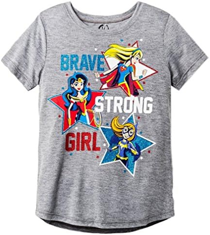 Girls DC Super Hero Girls Character T-Shirt, Brave and Strong (X-Large 14/16, Grey)