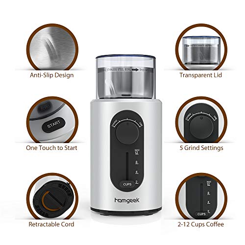 Homgeek Coffee Grinder Electric, Spice Grinder 2.5 Ounce with Cup Size and Coarseness Selector, Stainless Steel Blades, Removable Chamber