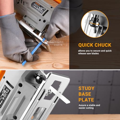 Electric Jigsaw: DEKOPRO 400W Wood Saw Jigsaw Reciprocating Jigsaws, 6 Variable Speeds 0-3000 SPM, ±45° Inclined Cut with 8 Blades for Wood, Metal and Plastic