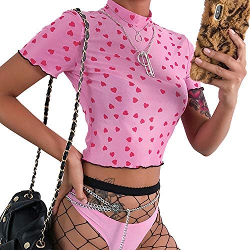 Women's Sheer See Through Crop Top Long Sleeve Angel Print High Neck Sexy Mesh Shirt Blouse