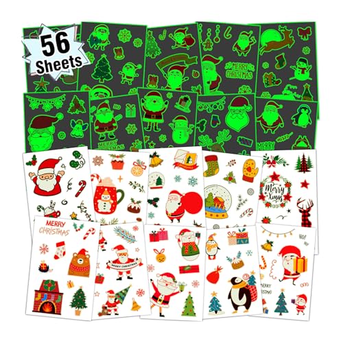 Partywind 56 Sheets (535 Glow Styles) Christmas Temporary Tattoos Party Decorations, Luminous Christmas Holiday Party Supplies for Kids Stocking Stuffers, Tattoo Stickers for Xmas