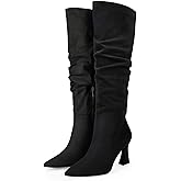 Coutgo Women's Slouchy Knee High Boots Wide Calf Pointed Toe Side Zipper Chunky Heel Long Boots Winter Shoes