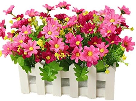 GAOF Artificial Silk in Wood Picket Fence Pot Small Potted Plant Wooden Fence Simulation Flowers... , c