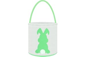Doxrmuru Easter Bunny Basket Egg Bags for Kids Canvas Cotton Candy Egg Basket Rabbit Print Buckets with Fluffy Tail Gifts Bags for Easter (Green)
