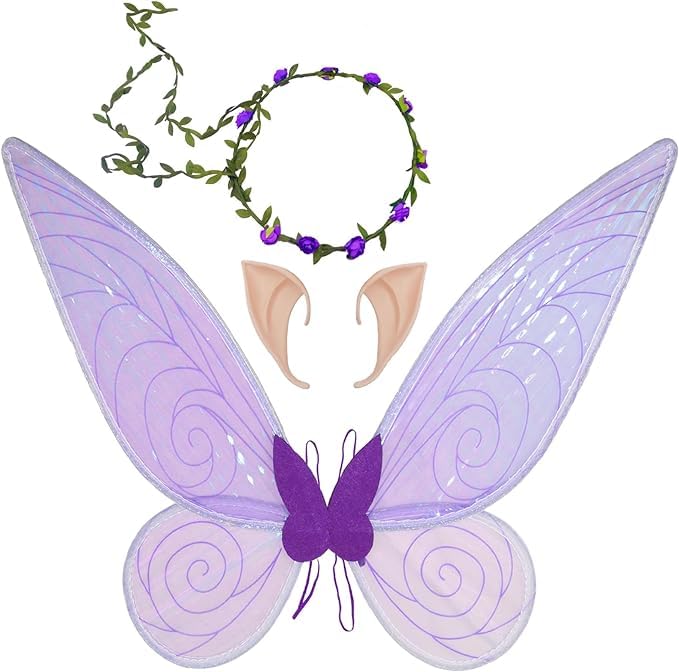 Fairy Wings for Girls Women,Butterfly Wings for Adults, Halloween Costume Angel Wings with Headband Elf Ears Dress Up Cosplay Party (Purple)
