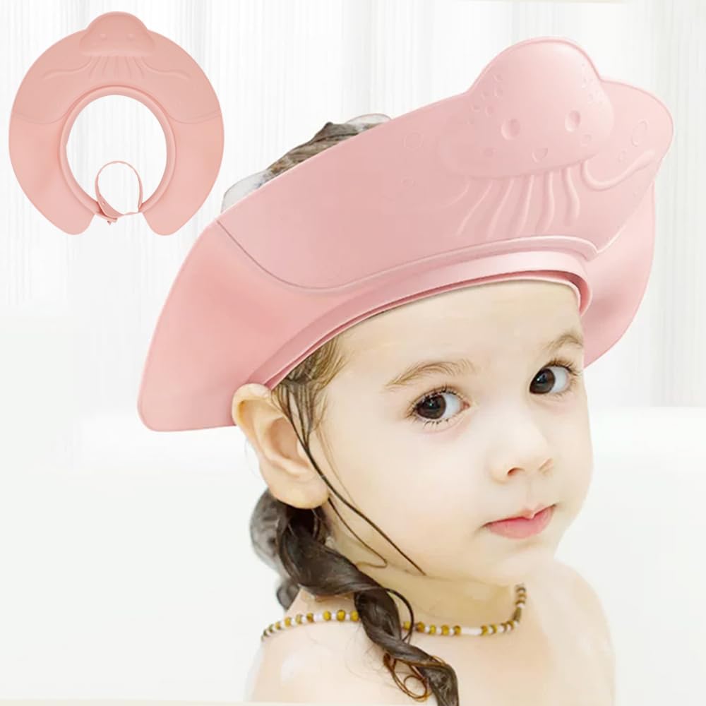Baby Shower Cap Bath Visor Protection Silicone Adjustable Safe Shower Bathing Cap for Infants Toddler Baby Kids Children (6 Months-12 Years old/36-58cm, Pink Jellyfish)