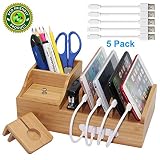 Pezin & Hulin Bamboo Charging Station, Multiple Devices Organizer for Phones,Tablet, Office Desktop Wooden Docking Stations (Include 4 x Charger Cable), Storage Box Stand for Pen, Key, Remote