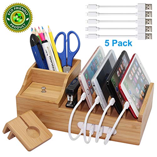 Pezin & Hulin Bamboo Charging Station, Multiple Devices Organizer for Phones,Tablet, Office Desktop Wooden Docking Stations (Include 4 x Charger Cable), Storage Box Stand for Pen, Key, Remote