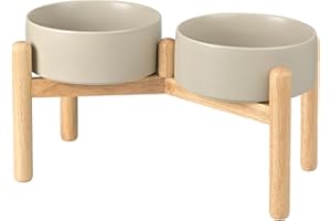 SPUNKYJUNKY Ceramics Elevated Dog Bowls with Wooden Stand Raised Dog Bowl for Medium Large Dog Food and Water Pet Feeding Bowl(Double 60OZ Bowls,Grey)