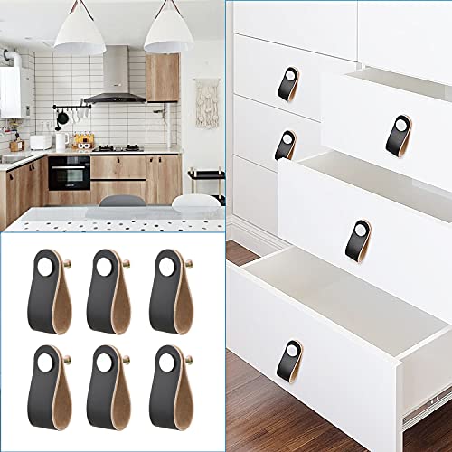 Leather Drawer Pulls, Leather Cabinet Pulls Black, Leather Knobs Handles for Dresser Drawers, Pack of 6