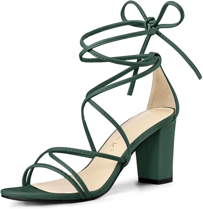 Amazon.com | Allegra K Women's Strappy Straps Lace Up Chunky Heel Sandals Dark Green 5.5 UK 