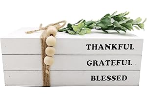 Licornism 3 Pieces Decorative Wooden Book for Home Decor White Farmhouse Faux Books for Decoration（Thankful,Grateful,Blessed） with Wood Bead Garland for Coffee Table and Shelves