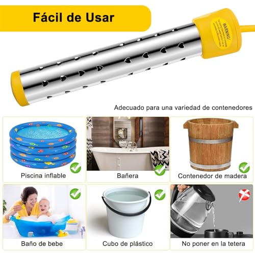 Calentador de Agua de Inmersión 1500 W, Resistencia para Calentar Agua, Carcasa de Acero Inoxidable 304, con Control de Interruptor y Control Inteligente de Temperatura, Apto para Bañeras y Piscinas