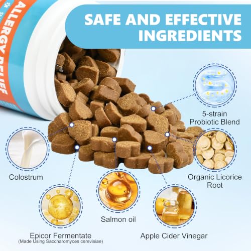 Allergy Relief Chews for Dogs Skin and Coat with Salmon Oil Omega 3 for Dog Shedding, Itchy Dry Skin, Seasonal Scratching & Paw Licking Comfort - Probiotics, Colostrum, for All Breeds & Size, 200 Ct