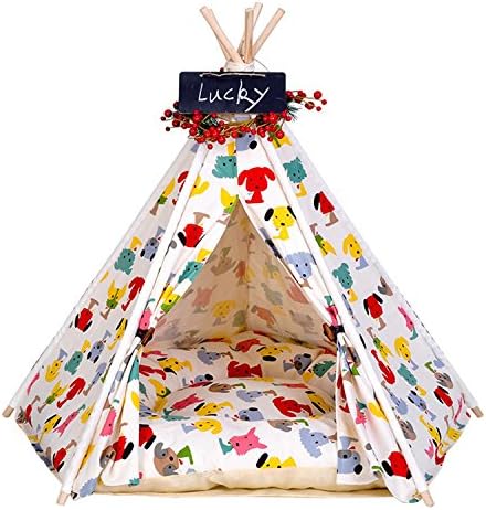 Pet Tent Wood Canvas Dog Cat House With Soft Washable Mattress Kennel Kitten For Small Medium Pet 2 Size 8 Color , dog pattern , l