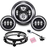 7" Black Halo LED Headlight + 4.5" Fog Passing Lights with DRL Motorcycle Headlamp Kit Set for Harley Davidson Electra Glide Road King Heritage Softail