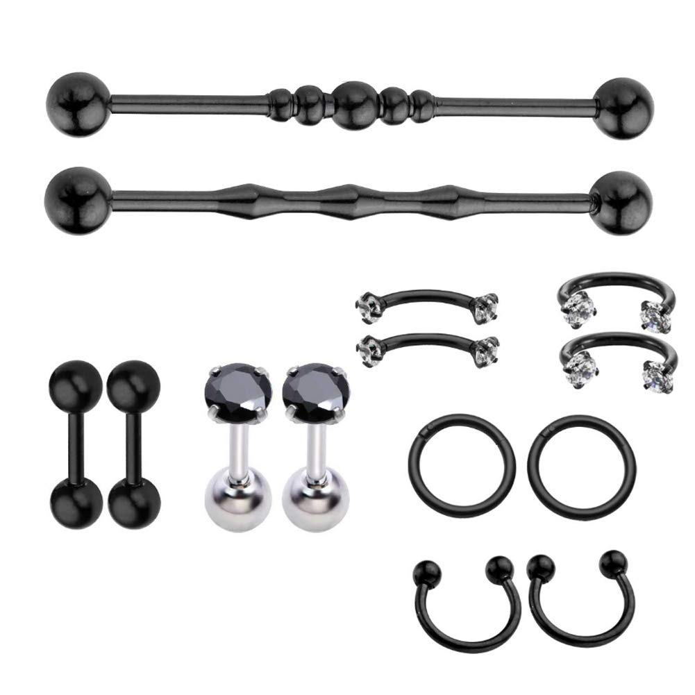 Zysta Black Ear Piercing Set Stainless Steel Tragus Helix Cartilage Nose Septum Industrial Studs Barbell Horseshoe Hoop Ring Cubic Zirconia