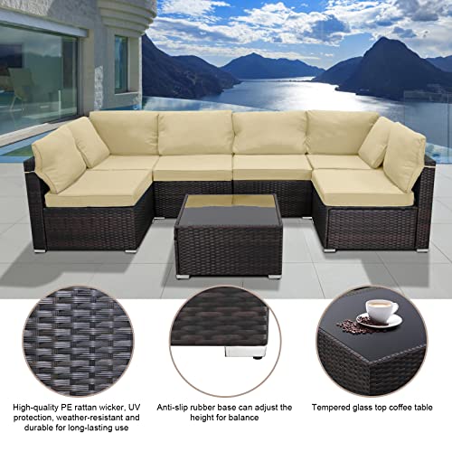 LeveLeve 7 Piece Wicker Patio Furniture Set PE Wicker Rattan Patio Set Porch Furniture, Cushioned Patio Chairs Outdoor Chat Conversation Set, Brown… (Sand)