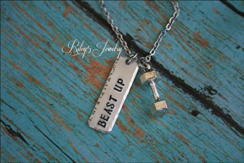 Hand Stamped "Beast Up" Necklace Jewelry Personal Trainer, Workout, Exercised, Weightlifting, Dumbbell Charm, Barbell charm