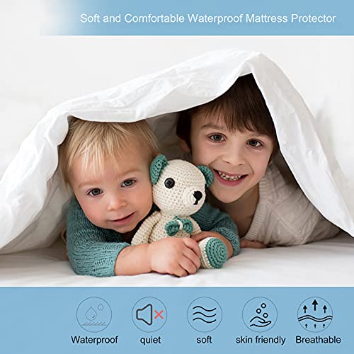FANOYOL Waterproof Mattress Protector, Deep Pocket Mattress Cover Breathable Soft Cotton Fitted Sheet for Kids Adults Pets 3 Pieces with 2 Pillowcases White