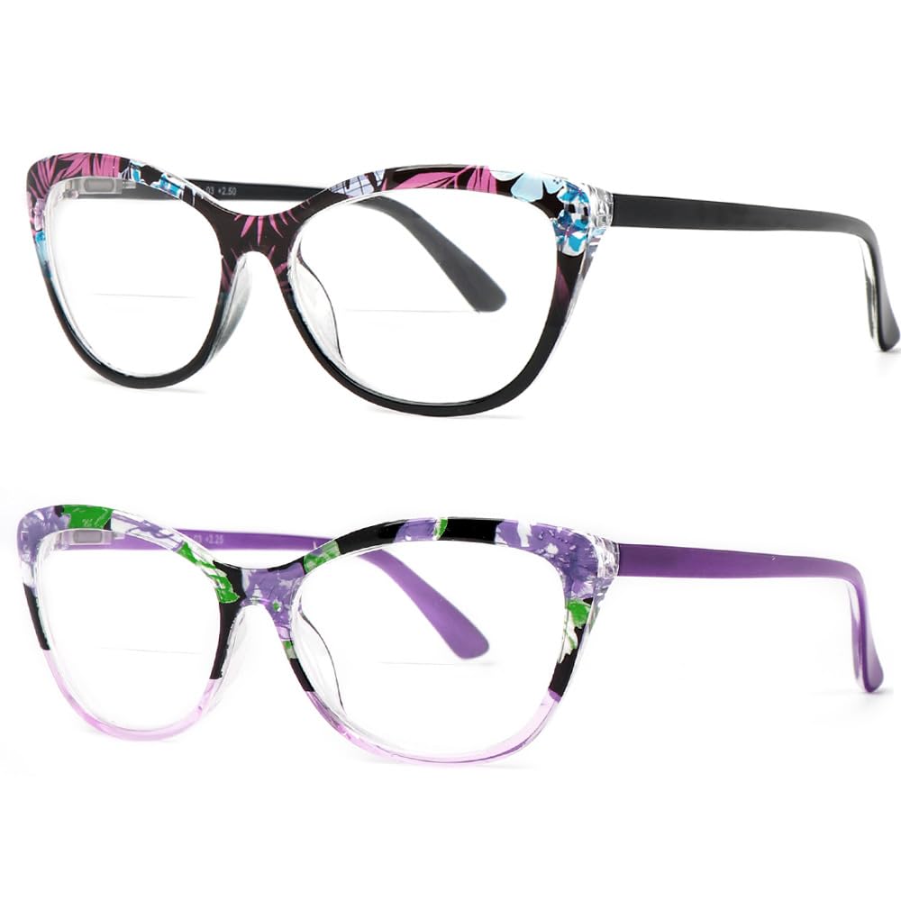 Photo 1 of Hyyiyun 2 Pack Cat-eye Bifocal Reading Glasses Women With Spring Hinge, Designer Floral Printed Frame Readers
