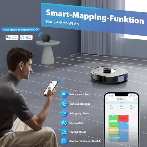 Tikom Robot Vacuum Cleaner with Mop Function, 6000Pa Vacuum Cleaner Robot with LiDAR Navigation, 150 Min Max, App Control, 14 No-Go Zones, Suction and Mop Robot for Pet Hair, Carpets and Hard Floors (L8000 Pro)