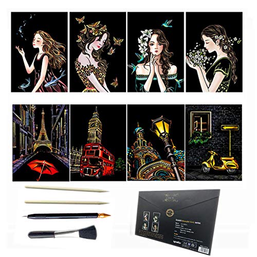 Eraimp Scratch Art Paper, Rainbow Painting Sketch Pad, Night View Scratchboard for Adult and Kids, with Wooden Stylus, Exquisite Packaging (Set#1)