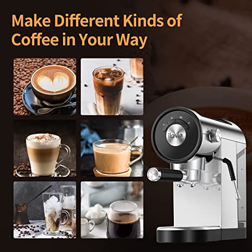 ILAVIE Espresso Coffee Machine with Steamer, 20 Bar Espresso Maker with Milk Frother Steam Wand, Espresso and Cappuccino Maker, Easy to Use at Home, Stainless steel, 1250W