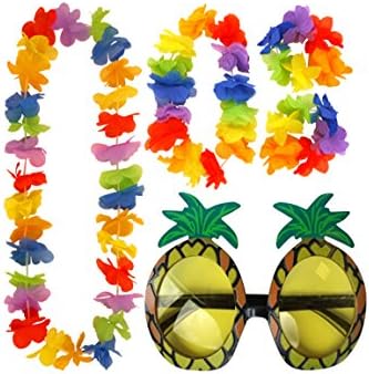 Wicked Fun Pineapple Sunglasses & 4pc Hawaiian Multi-Colored Lei Flower Garland Fancy Dress Set For Hawaiian Theme Party