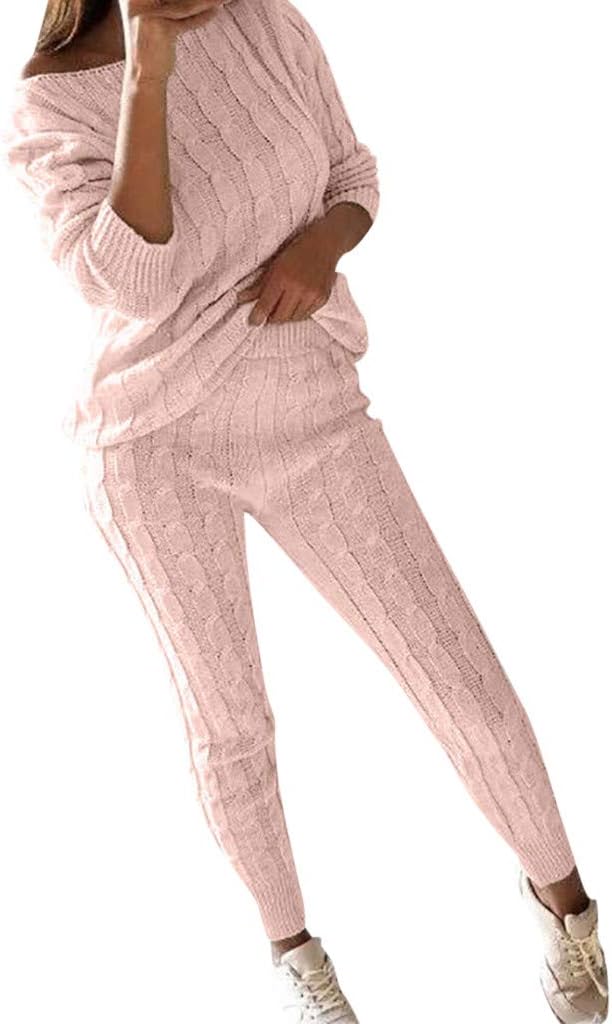 Womens Solid Sweater Suit Set Cable Knitted 2 Piece