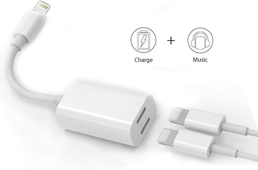 Dual Lightning Adapter & Splitter, White Headphone Audio & Charge Adapter for iPhone 7/7 Plus