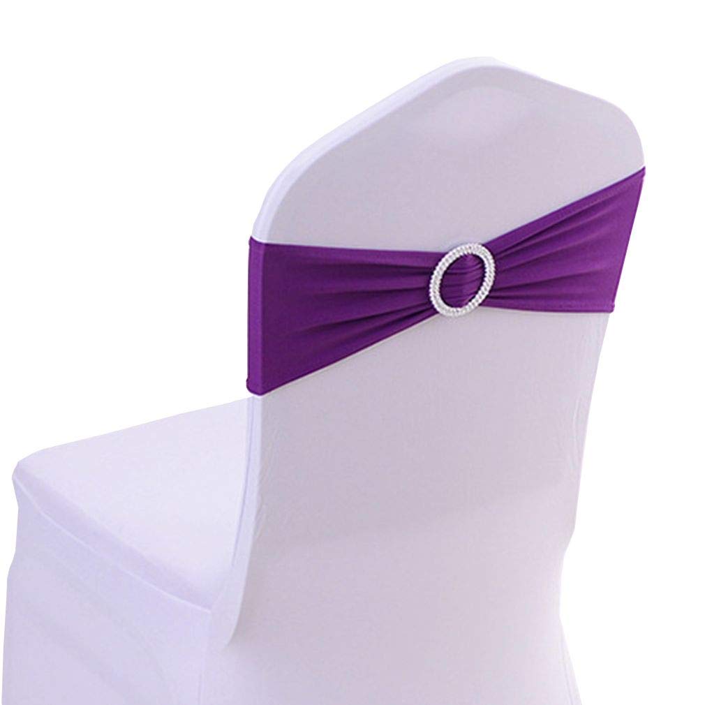 JK Home Stretch Spandex Chair Covers Sashes Bands With Buckle Slider, Elastic Soft Bows For Wedding Home Hotel Party Banquet Birthday Event Reception Purple 10pcs