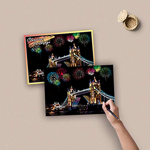 Scratch Art Paper(7.9"x 5.5") for Kids & Adults, Mini Scratch Off Art Night View Scratchboard, Painting Gift, Craft Kits : 2 Sheets Scratch Cards & Drawing Pen, Clean Brush (Building&City)