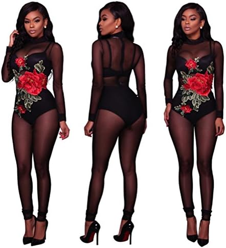 Womens Sexy Long Sleeve Embroidery Mesh See Through Nightclub Bodycon Jumpsuit Rompers