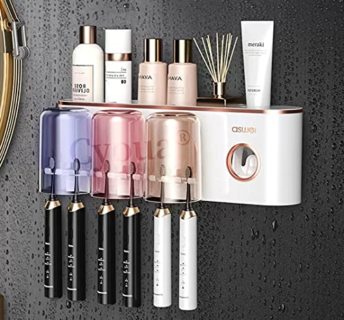 Cyoua 歯ブラシスタンド 歯ブラシホルダー 壁掛け おしゃれ 歯ブラシ立て コップ立て 歯磨きスタンド 歯ブラシたて 浮かせる 歯磨き コップ 洗面所 収納 自動歯磨き粉ディスペンサー 自動歯磨き粉絞り器 トイレタリー収納 多機能 穴あけ不要 衛生 うがいコップ (歯磨きコップ×3)