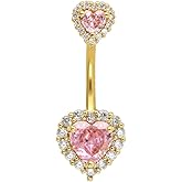 Excepro 14G(1.6mm) Double Heart Cubic Zirconia Navel Belly Button Ring 316L Stainless Steel Bar Piercing Jewelry