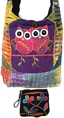 Boho Cross Body Cotton Sling Patchwork Shoulder Bag & Coin / Money Purse Bundle Handcrafted Nepal – Owls & Flowers Design Multi-Color Tie Dye Stonewashed