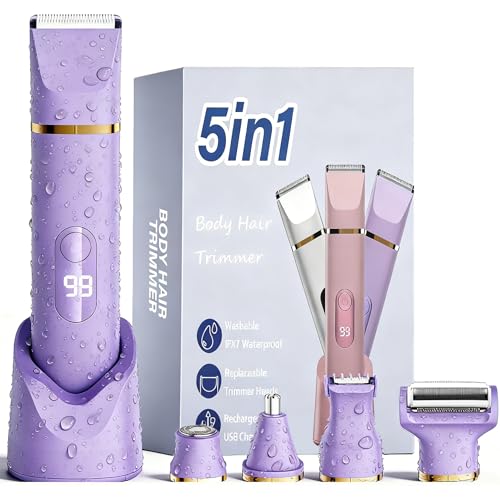 XkuiHF 5 in 1 Women's Electric Shaver, Wet/Dry Trimmer, IPX7 Waterproof, Female Intimate Trimmer for Face, Armpits, Legs, Arms and Bikini (Purple)