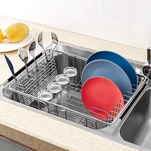 SANNO Large Expandable Dish Drying Rack Dish Rack Drainer with Stainless Steel Utensil Holder Over The Sink Dish Drainer Dish Rack in Sink On Counter